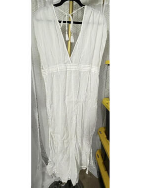 Kona Sol White 100% Cotton Maxi Cover Up Dress Beach Swim V Neck Tassel XL Boho